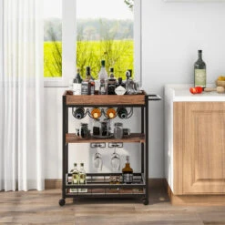 Kitchen Trolley Cart 3-Tier Kitchen Island With Removable Tray, Wine Rack, Glass Hanger, Rustic Brown 8 Kitchen Trolley Cart 3-Tier Kitchen Island With Removable Tray, Wine Rack, Glass Hanger, Rustic Brown -Home Sale Shop 80868871 2