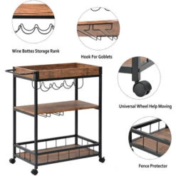 Kitchen Trolley Cart 3-Tier Kitchen Island With Removable Tray, Wine Rack, Glass Hanger, Rustic Brown 9 Kitchen Trolley Cart 3-Tier Kitchen Island With Removable Tray, Wine Rack, Glass Hanger, Rustic Brown -Home Sale Shop 80868871 3