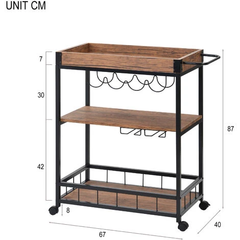 Kitchen Trolley Cart 3-Tier Kitchen Island With Removable Tray, Wine Rack, Glass Hanger, Rustic Brown 7 Kitchen Trolley Cart 3-Tier Kitchen Island With Removable Tray, Wine Rack, Glass Hanger, Rustic Brown - Image 5