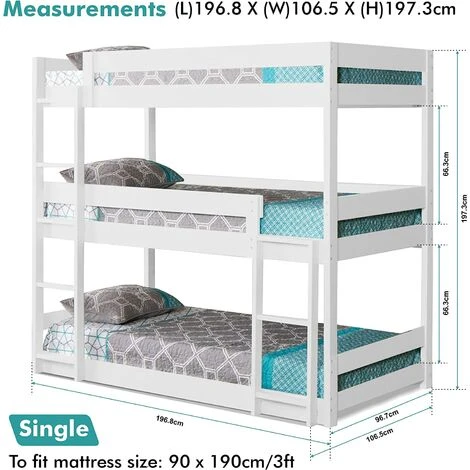 Single Triple Bunk Bed White 4 Single Triple Bunk Bed White - Image 2