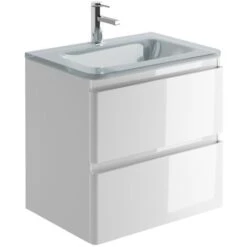 Goslar 600 Wall Mounted Vanity Unit In Gloss White With Opal White Glass Basin