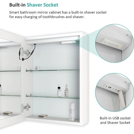 EMKE Bathroom Mirror Cabinet With LED Light Shaver Socket Wall Mounted Bathroom LED Mirror With Touch, Demister 450x600mm 4 EMKE Bathroom Mirror Cabinet With LED Light Shaver Socket Wall Mounted Bathroom LED Mirror With Touch, Demister 450x600mm - Image 2