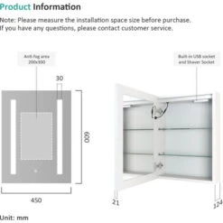 EMKE Bathroom Mirror Cabinet With LED Light Shaver Socket Wall Mounted Bathroom LED Mirror With Touch, Demister 450x600mm 11 EMKE Bathroom Mirror Cabinet With LED Light Shaver Socket Wall Mounted Bathroom LED Mirror With Touch, Demister 450x600mm -Home Sale Shop 87911126 5