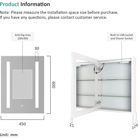 EMKE Bathroom Mirror Cabinet With LED Light Shaver Socket Wall Mounted Bathroom LED Mirror With Touch, Demister 450x600mm 7 EMKE Bathroom Mirror Cabinet With LED Light Shaver Socket Wall Mounted Bathroom LED Mirror With Touch, Demister 450x600mm - Image 5