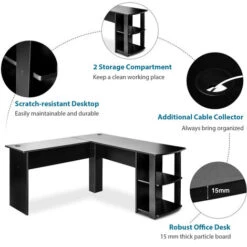 Corner Desk L-Shaped Computer Desk With 2-Tier Shelves, Workstation Gaming Desk Home Office Desk, Black 9 Corner Desk L-Shaped Computer Desk With 2-Tier Shelves, Workstation Gaming Desk Home Office Desk, Black -Home Sale Shop 89944709 3
