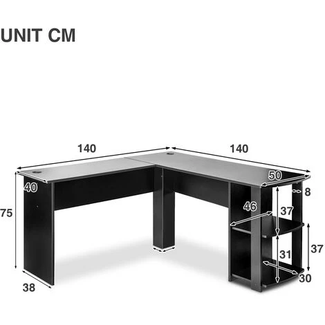 Corner Desk L-Shaped Computer Desk With 2-Tier Shelves, Workstation Gaming Desk Home Office Desk, Black 7 Corner Desk L-Shaped Computer Desk With 2-Tier Shelves, Workstation Gaming Desk Home Office Desk, Black - Image 5