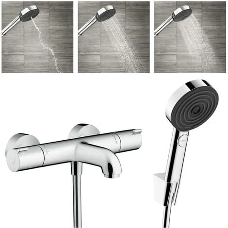 Hansgrohe Ecostat Set Thermostatic Bath/shower Mixer + Hand Shower 105mm 3 Jets + Shower Hose 125cm + Wall Bracket, Chrome 3 Hansgrohe Ecostat Set Thermostatic Bath/shower Mixer + Hand Shower 105mm 3 Jets + Shower Hose 125cm + Wall Bracket, Chrome