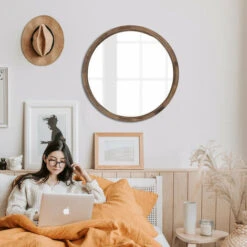 Morley Round Wood Wall Mirror 80 X 80 Cm Dark Rustic Oak -Home Sale Shop 92105606 5