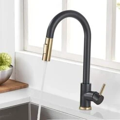 Black + Gold Brushed Swivel Kitchen Faucet With 2 Spray Modes Sink Faucet Single Lever Kitchen Faucet