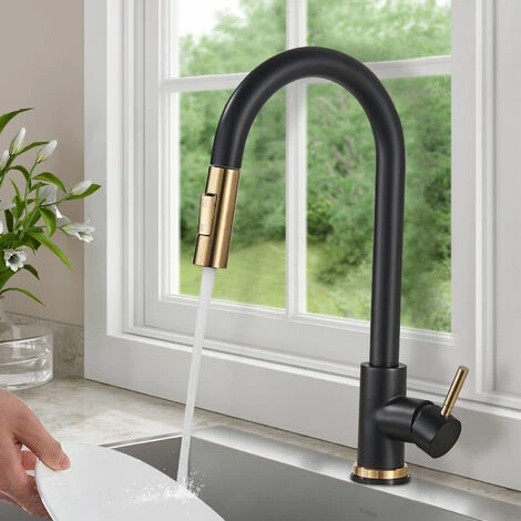Black + Gold Brushed Swivel Kitchen Faucet With 2 Spray Modes Sink Faucet Single Lever Kitchen Faucet 4 Black + Gold Brushed Swivel Kitchen Faucet With 2 Spray Modes Sink Faucet Single Lever Kitchen Faucet - Image 2
