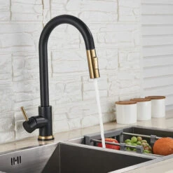 Black + Gold Brushed Swivel Kitchen Faucet With 2 Spray Modes Sink Faucet Single Lever Kitchen Faucet 9 Black + Gold Brushed Swivel Kitchen Faucet With 2 Spray Modes Sink Faucet Single Lever Kitchen Faucet -Home Sale Shop 95043459 3
