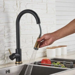 Black + Gold Brushed Swivel Kitchen Faucet With 2 Spray Modes Sink Faucet Single Lever Kitchen Faucet 10 Black + Gold Brushed Swivel Kitchen Faucet With 2 Spray Modes Sink Faucet Single Lever Kitchen Faucet -Home Sale Shop 95043459 4