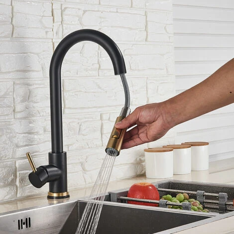 Black + Gold Brushed Swivel Kitchen Faucet With 2 Spray Modes Sink Faucet Single Lever Kitchen Faucet 6 Black + Gold Brushed Swivel Kitchen Faucet With 2 Spray Modes Sink Faucet Single Lever Kitchen Faucet - Image 4