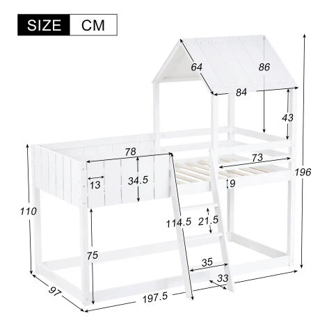 Bunk Bed, Loft Bed With Ladder And Guard Rail, Mid-Sleeper Cabin Bed, 3 FT Single Treehouse Canopy, Shaped With Space-Saving Design For Children& Kids Home (White-90190 Cm) 4 Bunk Bed, Loft Bed With Ladder And Guard Rail, Mid-Sleeper Cabin Bed, 3 FT Single Treehouse Canopy, Shaped With Space-Saving Design For Children& Kids Home (White-90190 Cm) - Image 2