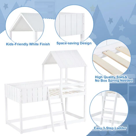 Bunk Bed, Loft Bed With Ladder And Guard Rail, Mid-Sleeper Cabin Bed, 3 FT Single Treehouse Canopy, Shaped With Space-Saving Design For Children& Kids Home (White-90190 Cm) 6 Bunk Bed, Loft Bed With Ladder And Guard Rail, Mid-Sleeper Cabin Bed, 3 FT Single Treehouse Canopy, Shaped With Space-Saving Design For Children& Kids Home (White-90190 Cm) - Image 4
