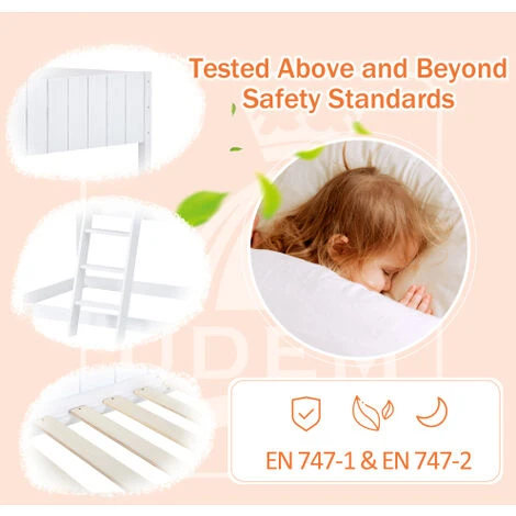 Bunk Bed, Loft Bed With Ladder And Guard Rail, Mid-Sleeper Cabin Bed, 3 FT Single Treehouse Canopy, Shaped With Space-Saving Design For Children& Kids Home (White-90190 Cm) 7 Bunk Bed, Loft Bed With Ladder And Guard Rail, Mid-Sleeper Cabin Bed, 3 FT Single Treehouse Canopy, Shaped With Space-Saving Design For Children& Kids Home (White-90190 Cm) - Image 5