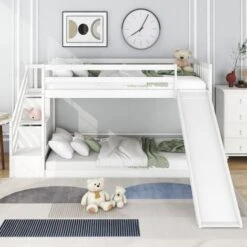 Bunk Bed With Stairs And Slide, Solid Pine Wood Frame, Children Bed With Drawers In The Steps,90x190cm, White